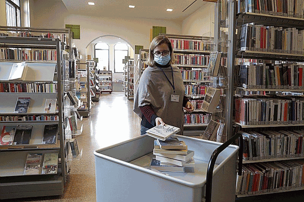 Coronavirus, biblioteca, mascherina